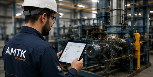 Técnico da AMTK com tablet inspecionando uma máquina industrial