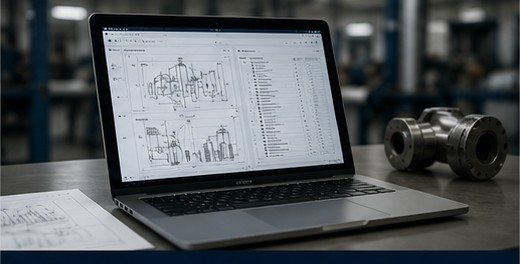 Notebook com desenhos técnicos ao lado de um componente industrial